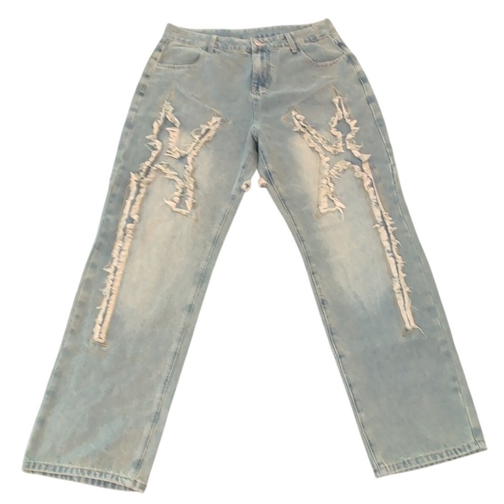 Aelfric Eden Frayed Patchwork And Stitched Jeans Size 34x31 Light Wash NWT